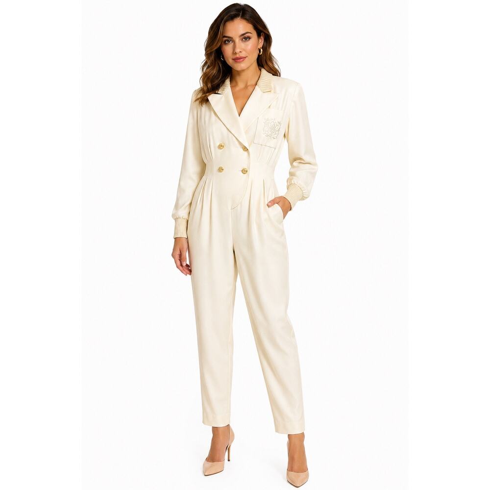 1980s Ivory Crest Tuxedo Jumpsuit Gold Button Power Suit S/M